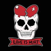 hand drawn skull heart with words love is hurt, premium vector