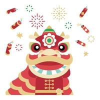 Chinese lion dancing flat illustration with fire crackers and fireworks celebration vector