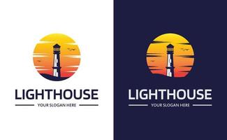 Illustration vector logo template of lighthouse with sunset background