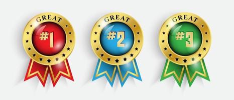 Award ribbon gold icon number first, second and third. Design winner luxury medal. best trophy, 1st success champion, one sport competition honor, victory. Vector illustration