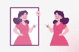 Confident woman looks at herself in the mirror vector