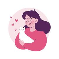 mujer abraza a su gato mascota vector