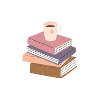 pila de libros dibujada a mano y una taza de té vector