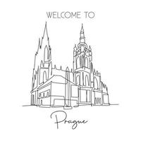 Single continuous line drawing Prague Castle landmark. Ancient castle in the world at Czech Republic. World travel home wall decor poster print concept. Simple one line draw design vector illustration