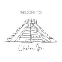 One continuous line drawing Chichen Itza Mayan Pyramid landmark. World iconic place in Yucatan Mexico. Holiday vacation wall decor art poster print concept. Single line draw design vector illustration