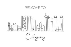 una sola línea dibujando el horizonte de la ciudad de calgary, canadá. postal histórica mundial del paisaje de la ciudad. mejor destino de vacaciones lugar. ilustración de vector de diseño de dibujo de línea continua de moda de trazo editable