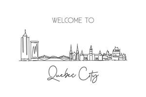 Single continuous line drawing Quebec skyline, Canada. Famous city scraper landscape. World travel destination postcard print concept. Editable stroke modern one line draw design vector illustration