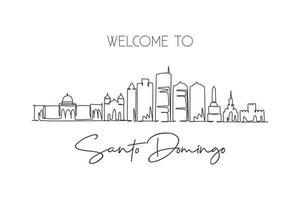 One single line drawing of Santo Domingo city skyline Dominican. World historical town landscape postcard print. Best place holiday destination. Trendy continuous line draw design vector illustration