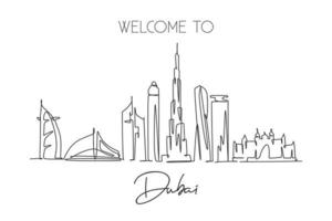 un dibujo de línea continua del horizonte de la ciudad de dubai, emiratos árabes unidos. hermoso hito de la ciudad. turismo paisajístico mundial y viajes. Ilustración de vector de diseño de dibujo de una sola línea de trazo elegante editable