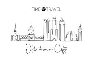 One single line drawing of Oklahoma city skyline United States. Historical town landscape. Best holiday destination home decor wall art poster. Trendy continuous line draw design vector illustration