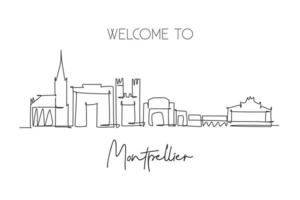 Single continuous line drawing of Montpellier city skyline, France. Famous skyscraper landscape. World travel home wall decor poster print art concept. Modern one line draw design vector illustration