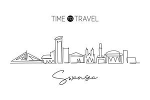 One single line drawing of Swansea city skyline United Kingdom. Historical town landscape in the world. Best holiday destination. Editable stroke trendy continuous line draw design vector illustration