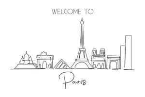 Single continuous line drawing of Paris city skyline, France. Famous skyscraper landscape in world. World travel wall decor poster print art concept. Modern one line draw design vector illustration