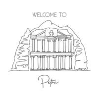 One single line drawing Al Khazneh Petra old temple landmark. Famous place in Jordan. Tourism travel postcard home wall decor poster art concept. Modern continuous line draw design vector illustration