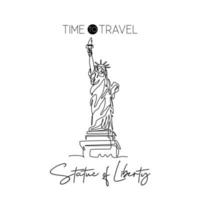 Single one line drawing Liberty Statue. Iconic symbol place in New York City USA. Tourism travel postcard and home wall art decor poster concept. Modern continuous line draw design vector illustration