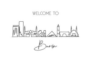 One single line drawing of Bursa city skyline, Turkey. World town landscape home wall art decor poster print. Best place holiday destination. Trendy continuous line draw design vector illustration