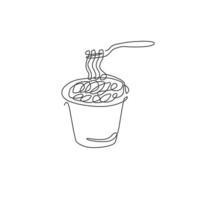 un dibujo de una sola línea de la ilustración vectorial del logotipo de la tienda de fideos picantes calientes. ramen en tenedor menú de cafetería de comida rápida y concepto de insignia de restaurante. diseño de dibujo de línea continua moderna logotipo de comida callejera vector