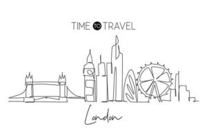 One single line drawing London city skyline. Historical skyscraper and landscape in world. Best destination holiday vacation home wall decor concept. Continuous line draw design vector illustration