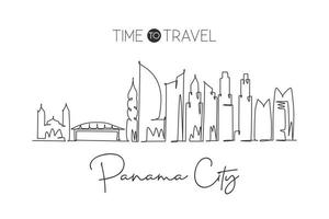 Single continuous line drawing Panama city skyline, Panama. Famous city scraper landscape. World travel destination concept wall decor poster print art. Modern one line draw design vector illustration