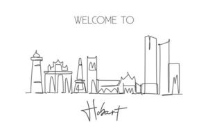 Single continuous line drawing of Hobart city skyline, Australia. Famous city scraper landscape. World travel concept home decor wall art poster print. Modern one line draw design vector illustration