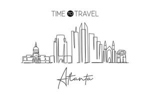 One continuous line drawing of Atlanta city skyline, USA. Beautiful landmark. World landscape tourism travel vacation poster print wall decor art. Stylish single line draw design vector illustration