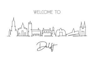 One continuous line drawing of Delft city skyline, Netherlands. Beautiful skyscraper postcard. World landscape tourism travel vacation wall decor poster. Single line draw design vector illustration