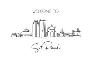 Single continuous line drawing Saint Paul city skyline, Minnesota. Famous city scraper landscape. World travel concept home wall decor poster print art. Modern one line draw design vector illustration