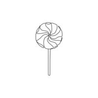 One continuous line drawing of sweet delicious swirly online lollipop candy shop logo emblem. Assorted confectionery store logotype template concept. Modern single line draw design vector illustration