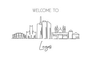 One single line drawing of Lagos city skyline, Nigeria. Historical town landscape home wall decor poster print art. Best holiday destination. Trendy continuous line draw design vector illustration