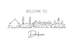 Single continuous line drawing Dakar city skyline, Senegal. Famous city scraper and landscape postcard print art. World travel concept. Editable stroke modern one line draw design vector illustration