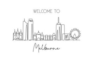 One continuous line drawing of Melbourne city skyline, Australia. Beautiful landmark. World landscape tourism and travel vacation. Editable stylish stroke single line draw design vector illustration