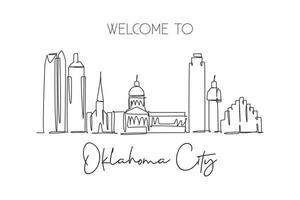 una línea continua dibujando el horizonte de la ciudad de oklahoma, estados unidos. hermoso hito. Impresión de carteles de viajes de turismo de paisaje mundial. Ilustración de vector de diseño de dibujo de una sola línea de trazo elegante editable