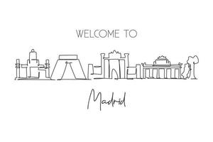 One continuous line drawing of Madrid city skyline, Spain. Beautiful skyscraper. World landscape tourism travel vacation wall decor poster concept. Stylish single line draw design vector illustration