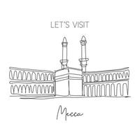 Single continuous line drawing Masjidil Haram landmark. Most holy place in Mecca, Saudi Arabia. Religious hajj and umrah travel wall decor art concept. Dynamic one line draw design vector illustration