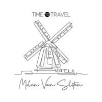 One single line drawing De Gooyer Windmill landmark. World famous place in Netherlands. Tourism travel postcard wall decor poster print concept. Modern continuous line draw design vector illustration