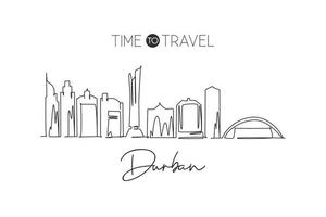 One continuous line drawing of Durban city skyline, South Africa. Beautiful landmark postcard print. World landscape tourism travel vacation. Stylish stroke single line draw design vector illustration