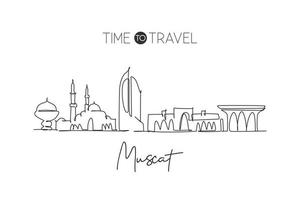 One single line drawing of Muscat city skyline, Oman. Historical town landscape in the world. Best holiday destination. Editable stroke trendy continuous line draw design vector graphic illustration