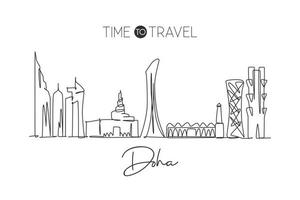 One single line drawing of Doha city skyline, Qatar. Historical town landscape in the world. Best holiday destination. Editable stroke trendy continuous line draw design vector graphic illustration