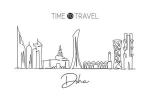 un dibujo de una sola línea del horizonte de la ciudad de doha, qatar. paisaje histórico de la ciudad en el mundo. mejor destino de vacaciones. trazo editable moda línea continua dibujar diseño gráfico vectorial ilustración vector