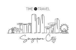 un dibujo de línea continua del horizonte de la ciudad de singapur. hermoso hito. impresión de afiches de vacaciones de viajes y turismo paisajístico mundial. Ilustración de vector de diseño de dibujo de una sola línea de trazo elegante editable