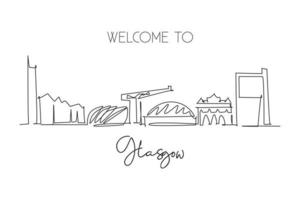 One continuous line drawing of Glasgow city skyline, Scotland. Beautiful landmark. World landscape tourism travel vacation poster. Editable stylish stroke single line draw design vector illustration