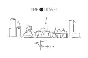 One continuous line drawing of Tirana city skyline, Albania. Beautiful landmark. World landscape tourism and travel vacation poster. Editable stylish stroke single line draw design vector illustration