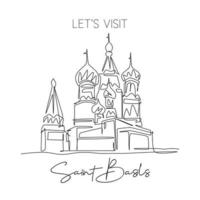 Single continuous line drawing Saint Basil's landmark. Beauty famous place in Moscow, Russia. World travel wall decor home art poster print concept. Modern one line draw design vector illustration