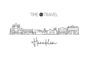 Single continuous line drawing Heraklion skyline, Greece. Famous city scraper landscape home decor poster print art. World travel destination concept. Modern one line draw design vector illustration