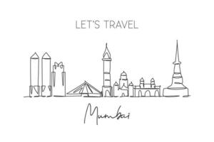 Single continuous line drawing of Mumbai city skyline, India. Famous city scraper and landscape postcard. World travel concept. Editable stroke modern one line draw design graphic vector illustration