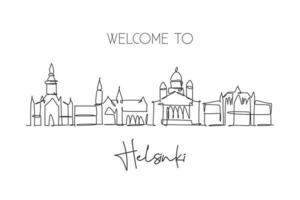 un dibujo de una sola línea del horizonte de la ciudad de helsinki, finlandia. paisaje histórico de la ciudad. El mejor destino de vacaciones para la decoración de la pared del hogar. ilustración de vector de diseño de dibujo de línea continua de moda