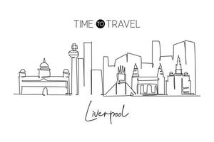 One continuous line drawing Liverpool city skyline. Beautiful Merseyside city skyscraper. World landscape tourism travel vacation home wall decor concept. Single line draw design vector illustration