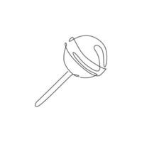 Single continuous line drawing of stylized round lollipop candy shop logo label. Emblem confectionery store concept. Modern one line draw design vector graphic illustration for snacks delivery service