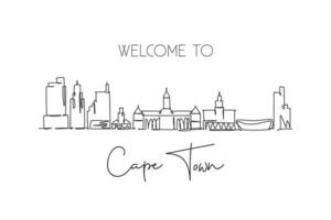 Single continuous line drawing of Cape Town skyline, South Africa. Famous city scraper landscape. World travel concept home wall decor poster print art. Modern one line draw design vector illustration