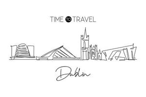 Single continuous line drawing of Dublin city skyline, Republic of Ireland. Famous landscape. World travel concept home wall decor poster print art. Modern one line draw design vector illustration